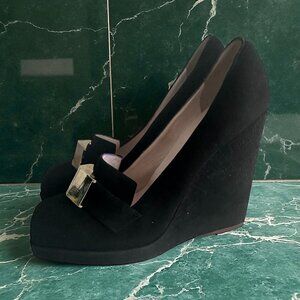 EMILIO PUCCI Vintage Gold Black Suede Loafers Wedges Size 38 / US 8